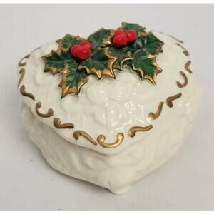 Vintage Porcelain Christmas Holly Berry Heart Ceramic Jewelry Box